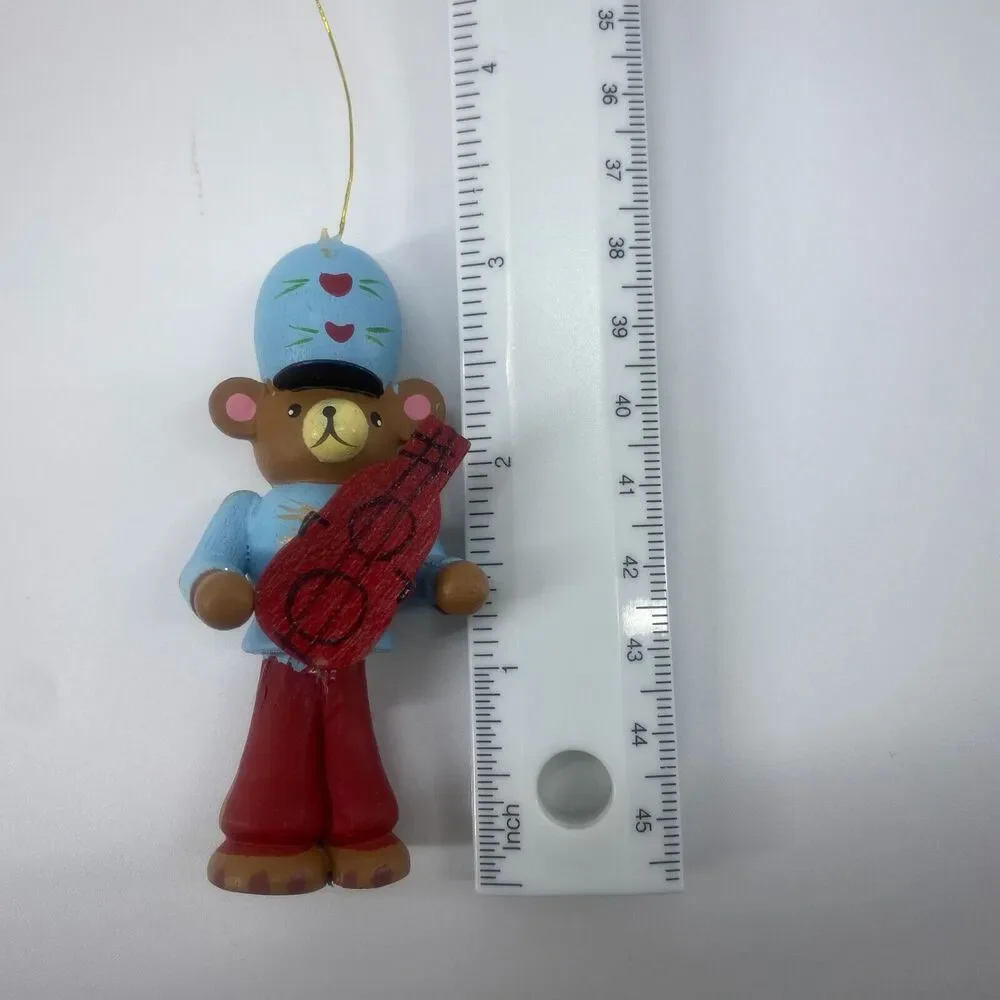 Brown Bear Wood Ornament Holding Playing Red Guitar Blue Top & Hat 3 inches - Picture 9 of 9